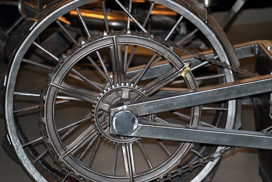 Wheel of custom-made "art motorcycle" taken at Art Car Museum