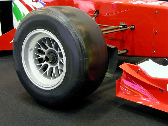 Close up look at a Formula One race car wheel