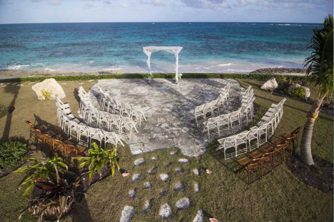 Overhead view of a Bahamas beach wedding.