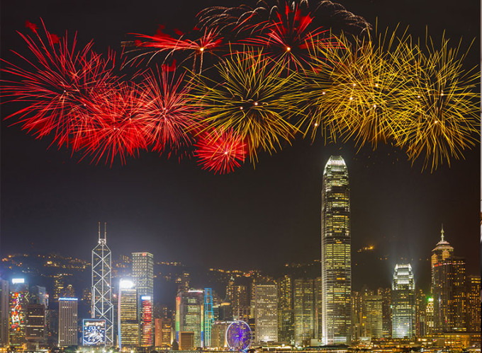 Fireworks over Hong Kong Skyline