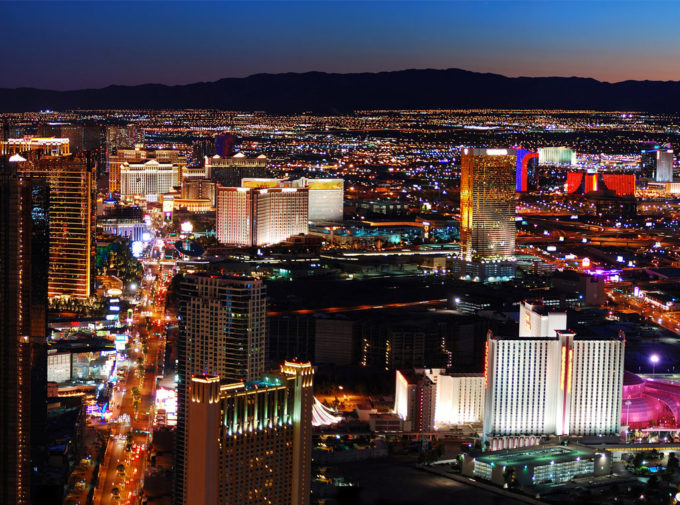 An aerial view of the Las Vegas strip at night. 
