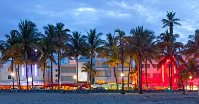 Ocean Drive in Miami as viewed at dusk from the beach.