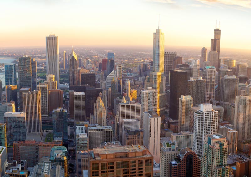  Aerial Chicago panorama at sunset