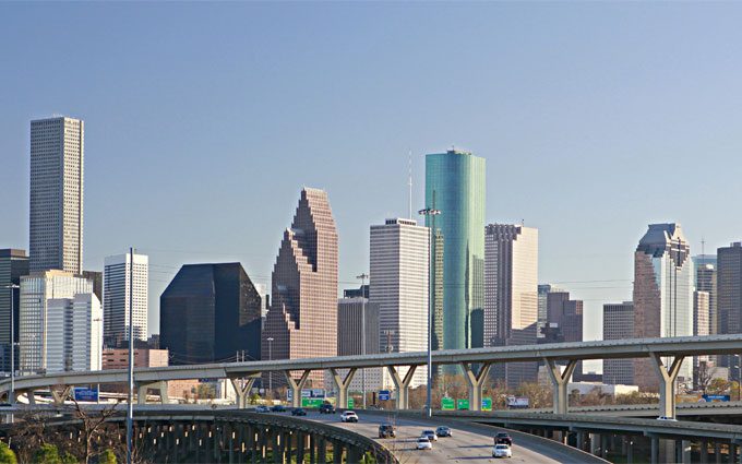  Intersection of Interstate I-10 and I-45 with the Houston skylin