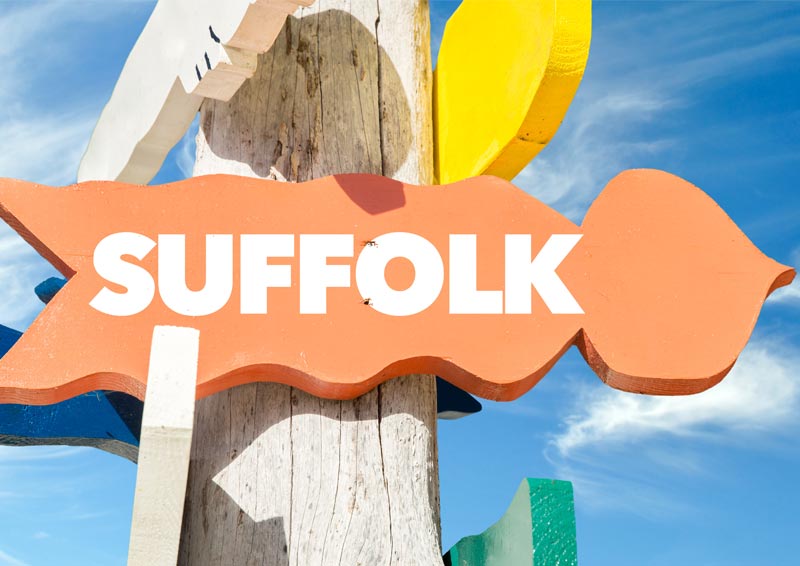  Suffolk welcome sign with sky background